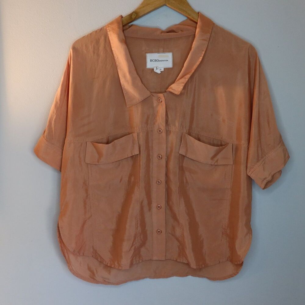 BCBGeneration Blouse Womens M Peach Short Sleeve Button Up Flap Pocket Top
